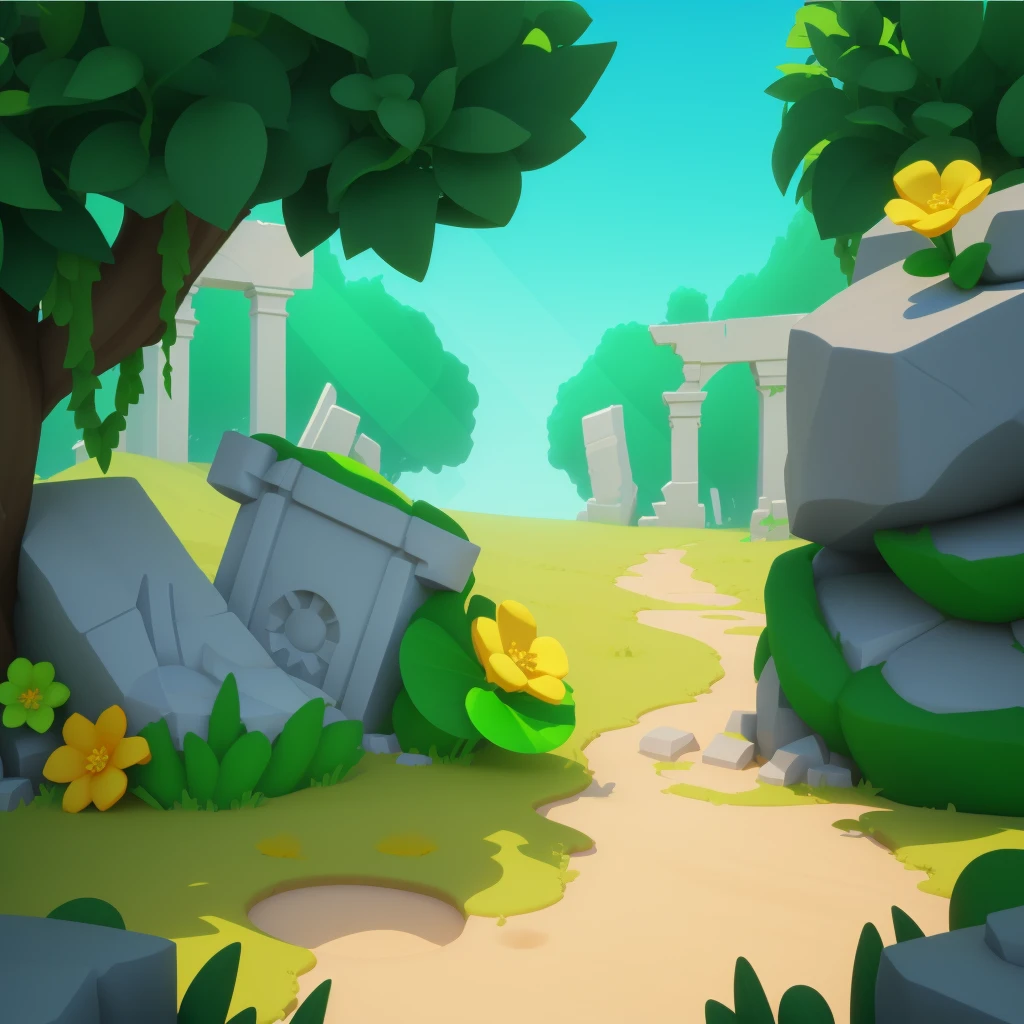ruins,Grass,flower,European and American cartoon style,3d,梦幻flower园风格,high quality