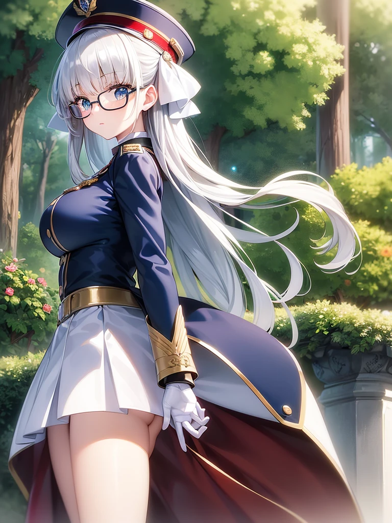 masterpiece, best quality, beautiful girl, white hair, green eyes color, dark blue military uniform, mature_female, eye_glasses, white gloves, anime, dark blue military hat, very_long_hair, perfect body, red ribbon, commander, science_fiction, black knee-high boots, white pencil skirt , cowboy_shot, best quality, large_breasts, ultra-detailed, high quality, modern military uniform, sci-fi, royal blue Trench Coat, one girl 