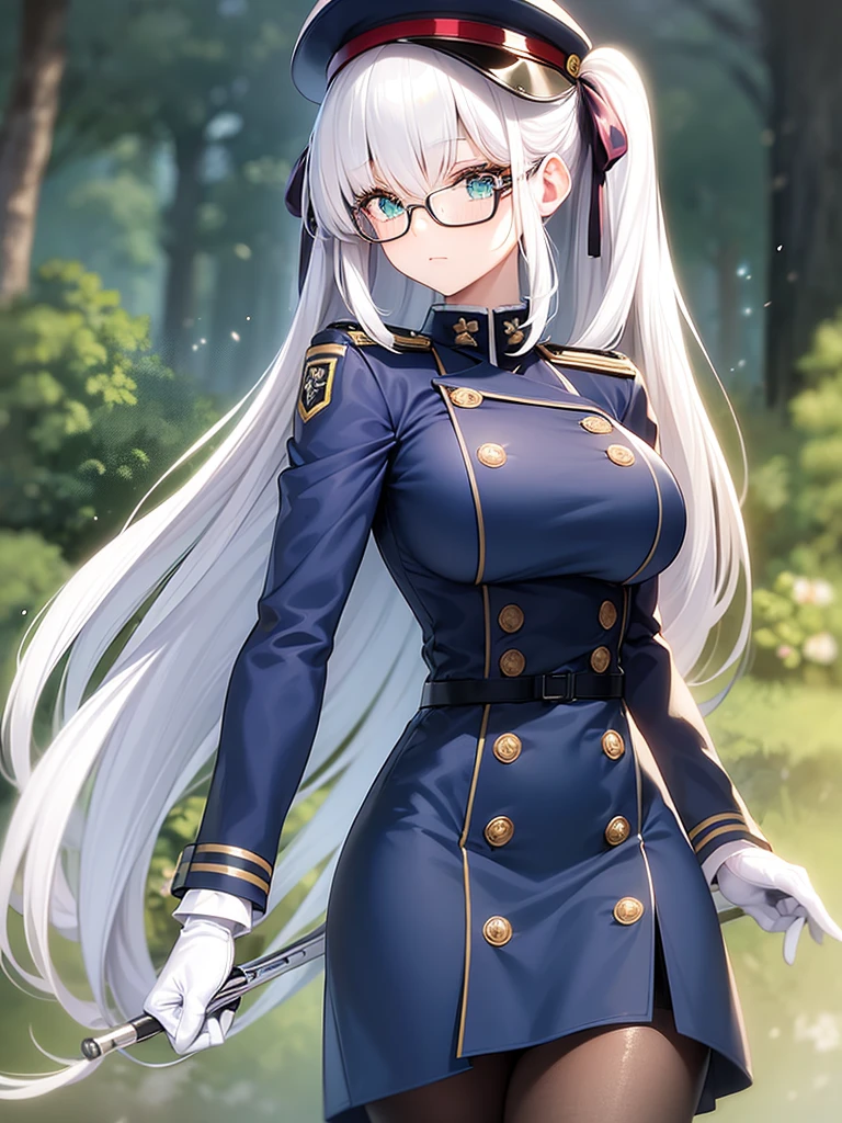masterpiece, best quality, beautiful girl, white hair, green eyes color, dark blue military uniform, mature_female, eye_glasses, white gloves, anime, dark blue military hat, very_long_hair, perfect body, red ribbon, commander, science_fiction, black knee-high boots, white pencil skirt , cowboy_shot, best quality, large_breasts, ultra-detailed, high quality, modern military uniform, sci-fi, royal blue Trench Coat, one girl 