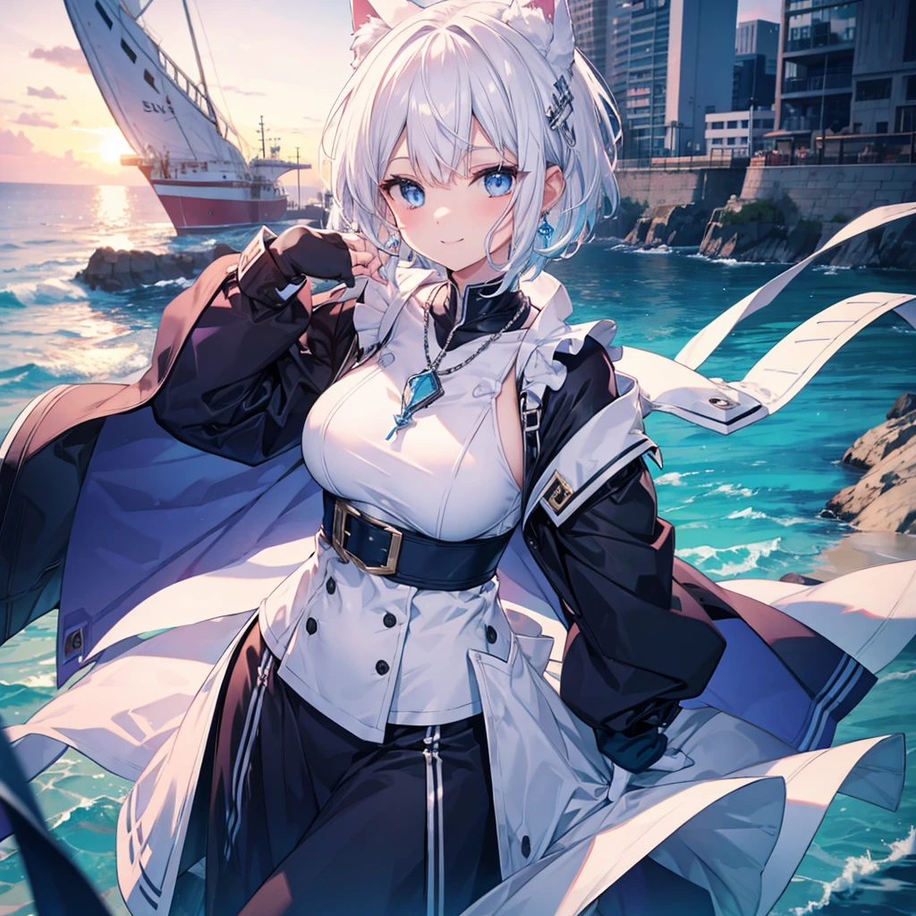 White Hair blue eyes short hair Have student Cat ear nice Blue Earrings necklace gloves beauty thin Sailor suit Put on a black coat Fantasy smile coastal sunset Fluffy hair
