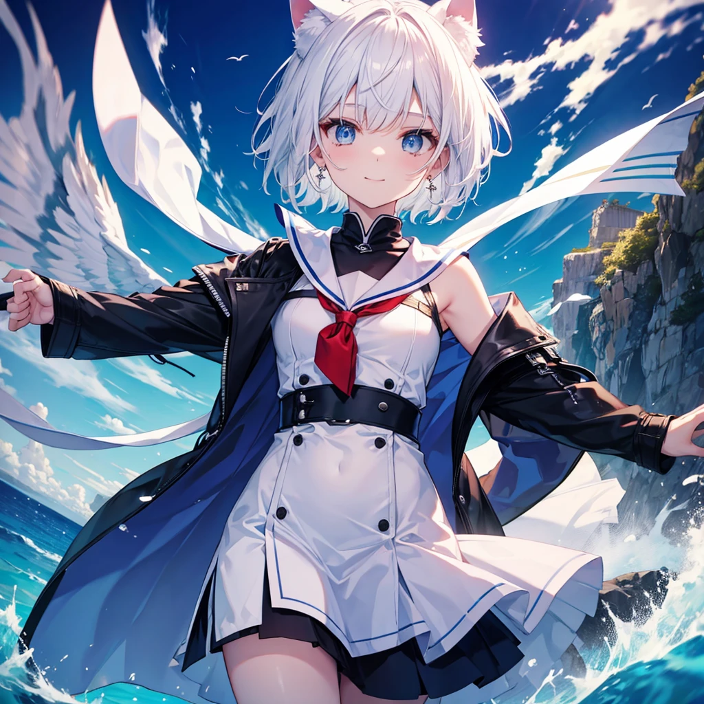 White Hair blue eyes short hair Have student Cat ear nice Blue Earrings necklace gloves beauty thin Sailor suit Put on a black coat Fantasy smile coastal sunset Fluffy hair