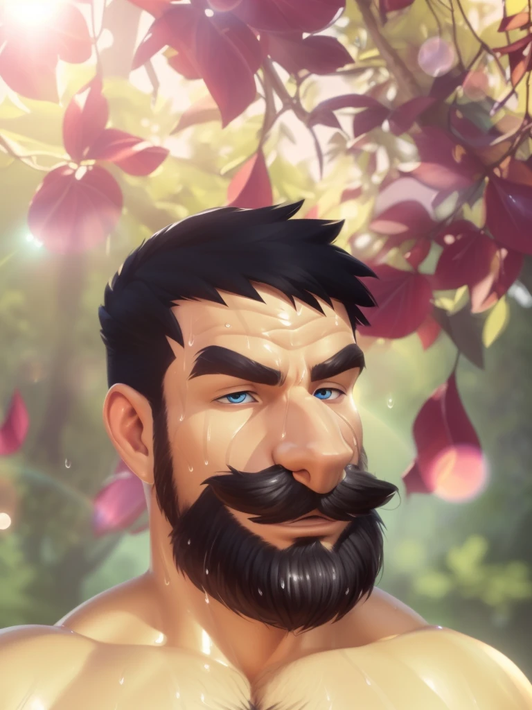 Captain haddock, (pose:Full Body Shot), (posing:Full Body Shot), (soft shading), (((4k, hi res, Ray tracing))), ((((extreme detailed sweat drops, glistening, glistening body))), ((detailed face, blue eyes,(detailed eyes:1.0), detailed)), by zackarry911, by zaush, (by personalami:0.5), looking at viewer, (((horny))), ((( wise))), 1boy, (((Highly detailed jewelry))), standing, closed mouth,(((glistening hair,black hair, Mustache,body hair, nude, thick chest hair, beard, tuft, chest tuft, arm tuft))),(((muscular, dad bod, muscle vein))) ,male focus, black hair, (((naked, nude))), nature, nice hair (((extreme detailed chest hair,muscle vein,human,human nose))), (((glistening hair,black hair, shiny hair,lens flare)))