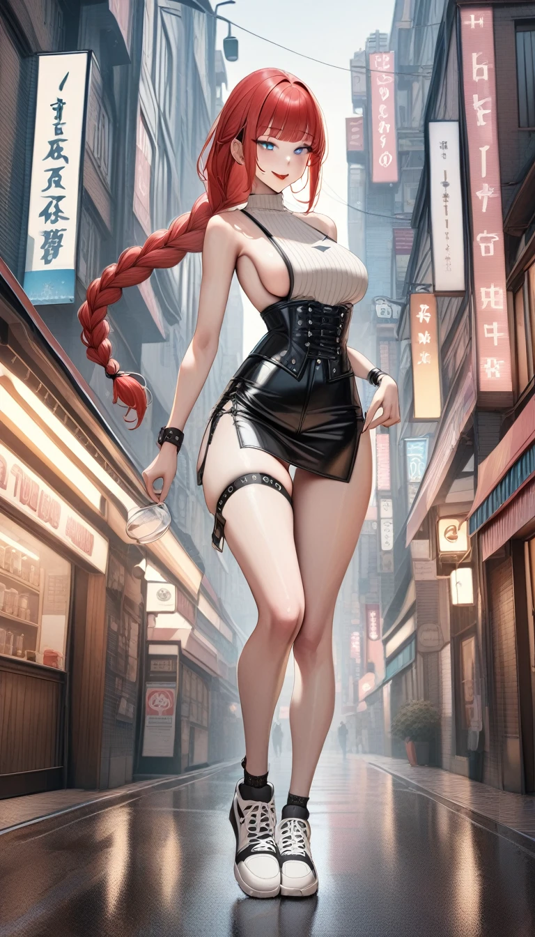 1girl, very tall, thin, (masterpiece, best quality:1.5), (photorealistic:1.3), very aesthetic, absurdres, full body, redhead, large braided ponytail, happy face, diagonal bangs, gradient blue eye, corset, sideboob, miniskirt, side slit, punk belt, sneakers, thigh gap, thigh strap for left leg only , front view pose, cityscape.