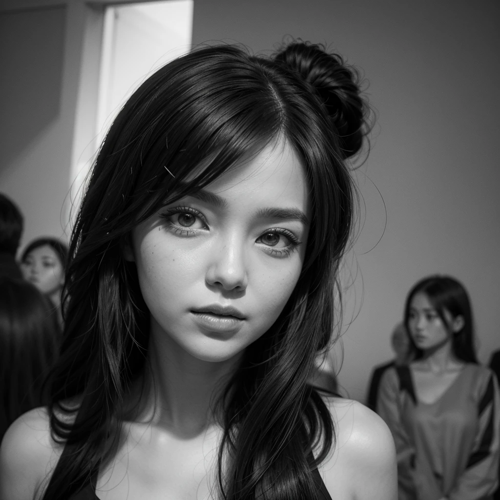 There are many women in the back and they are all in black and white and there is only one woman with a bright drawing.