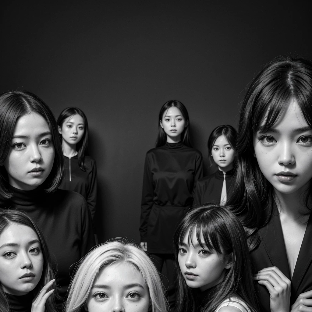 There are many women in the back and they are all in black and white and there is only one woman with a bright drawing.