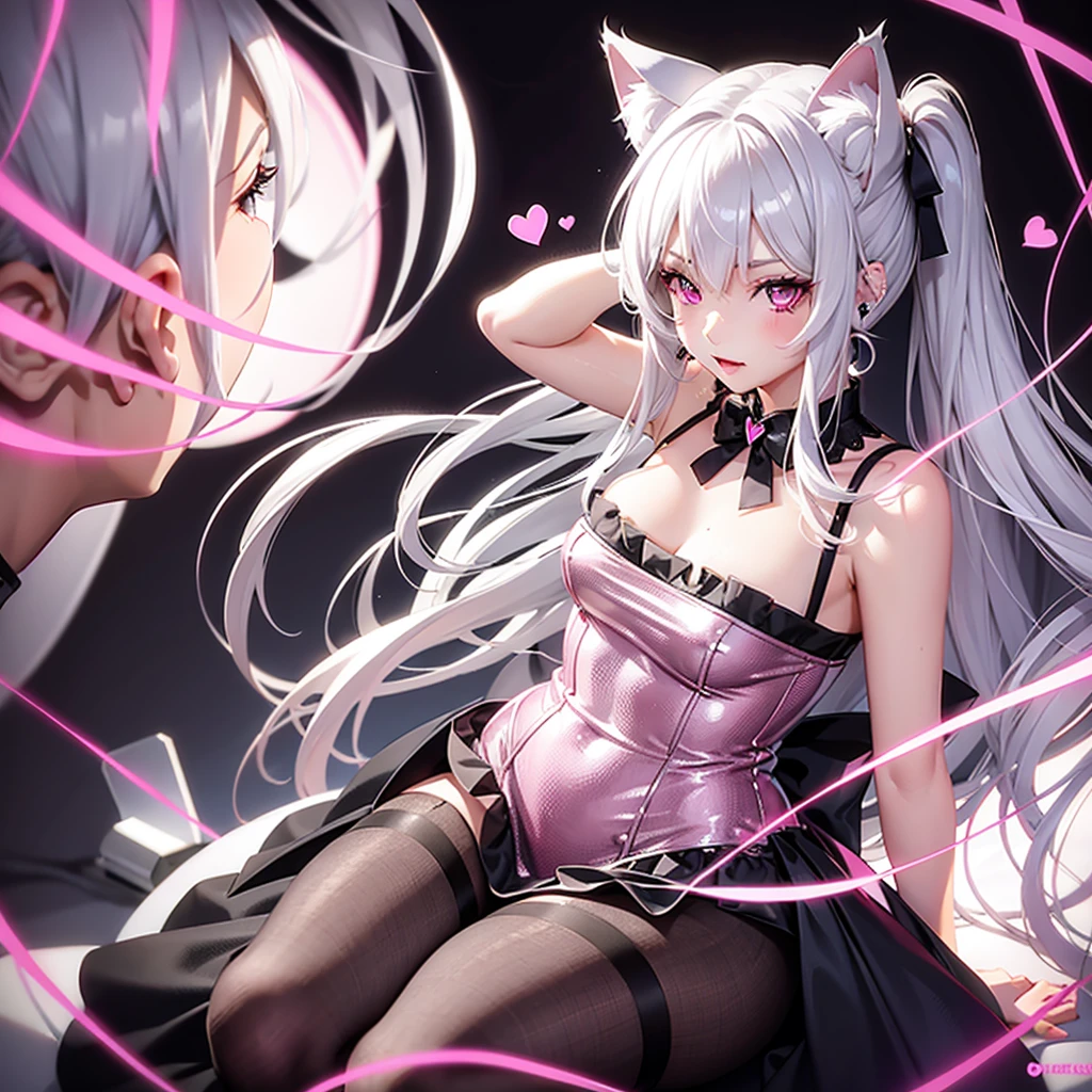 Silver hair, pink eyes, dress, cat ears, sexy girl, earrings, heart background fantasy