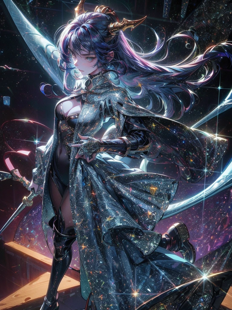 perfectly drawn face, black dress, stars detailed background, prismatic lighting, glitter, whole body, walking on the stars with crystal shoes A beautiful dragon humanoid woman with space hair of variant shades of blue and purple with space buns in hair , Golden scanes on the face and shoulders, Anime, 4k, Beautiful woman with a golden dragon tail and horns, Space hair, Floating in space, Vintage space Attire, floating through space, dancing, havign fun, Space Witch, Witch, Older woman, Toned physique, long hair with side bangs, humanoid face with scales, human with dragon horns and tail, witch outfit, body suit, thigh boots, wearing black, white and gold, blue hair, purple hair, Woman in space with water rippling reflecting the night sky, space and water mixed today, dancing in space, floating, ethereal dragon at the edge of the universe, end of the universe
