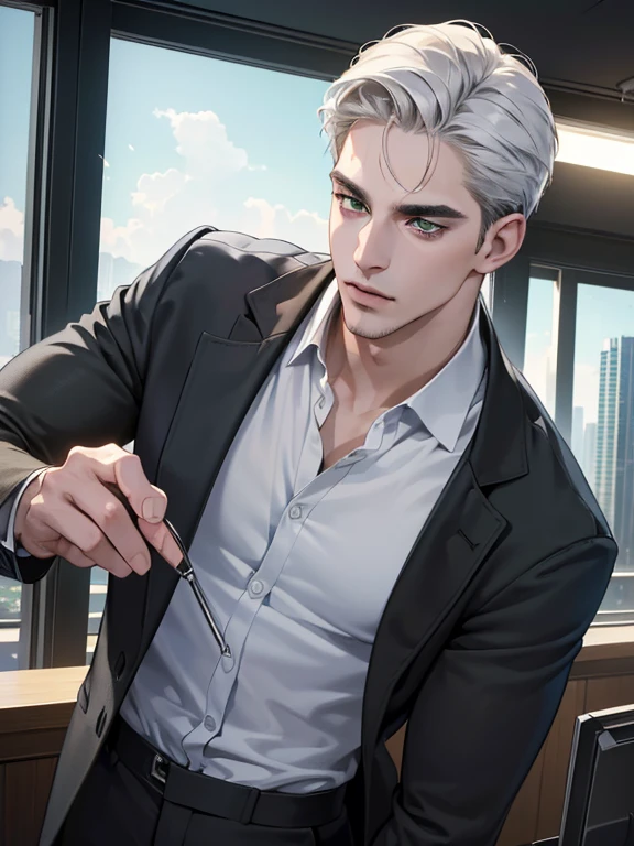 (best quality,4k,8k,highres,masterpiece:1.2),ultra-detailed,(realistic,photorealistic,photo-realistic:1.37),cinematic lighting,hdr image,1 man,31 years old,mature man,very handsome,without expression,serious,short white hair,green eyes,penetrating gaze,imposing posture,businessman,office background