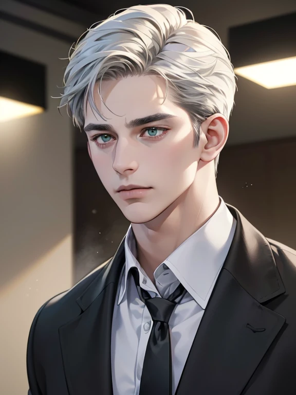 (best quality,4k,8k,highres,masterpiece:1.2),ultra-detailed,(realistic,photorealistic,photo-realistic:1.37),cinematic lighting,hdr image,1 man,31 years old,mature man,very handsome,without expression,serious,short white hair,green eyes,penetrating gaze,imposing posture,businessman,office background