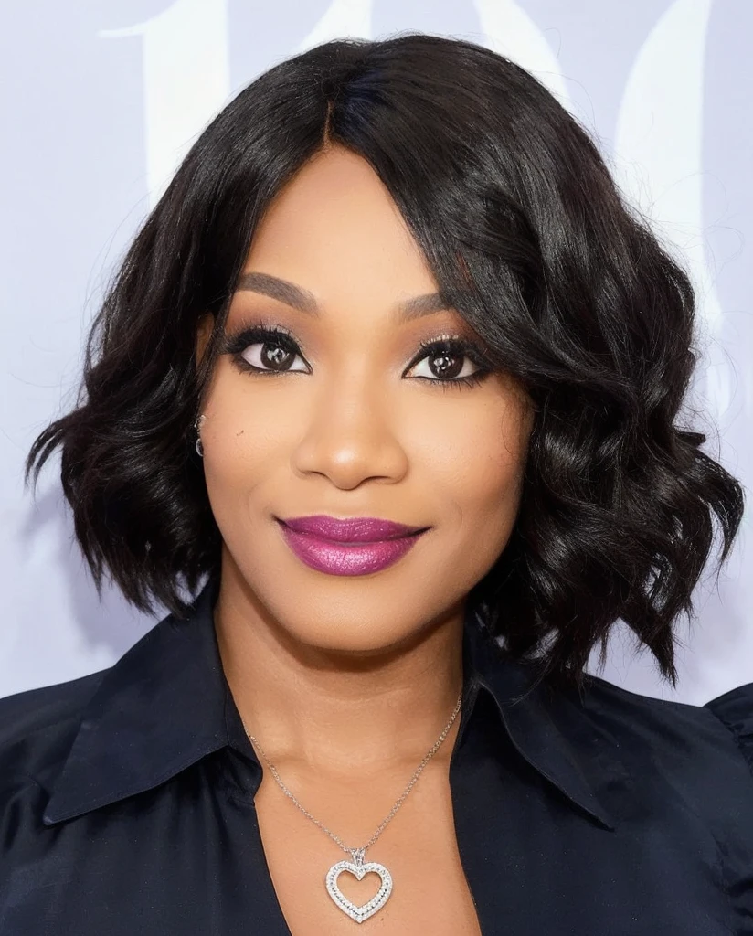 a close up of a woman with a heart necklace on her neck, pictured from the shoulders up, taken in the early 2020s, black bob haircut, black shiny bob haircut, photo of a black woman, closeup headshot, beatifully lit, press release, black bob cut hair, 2019 trending photo, medium head to shoulder shot, breathtaking look