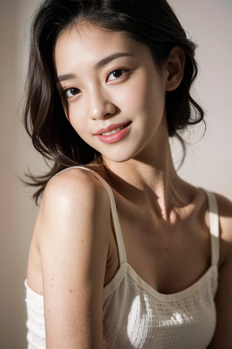 masutepiece, Best Quality, Illustration, Ultra-detailed, finely detail, hight resolution, 8K Wallpaper, Perfect dynamic composition, Beautiful detailed eyes, Women's Fashion Summer,Medium Hair,Small breasts natural color lip, Bold sexy poses,Smile,Harajuku、20 years girl、Cute、Sexy shot looking at camera
