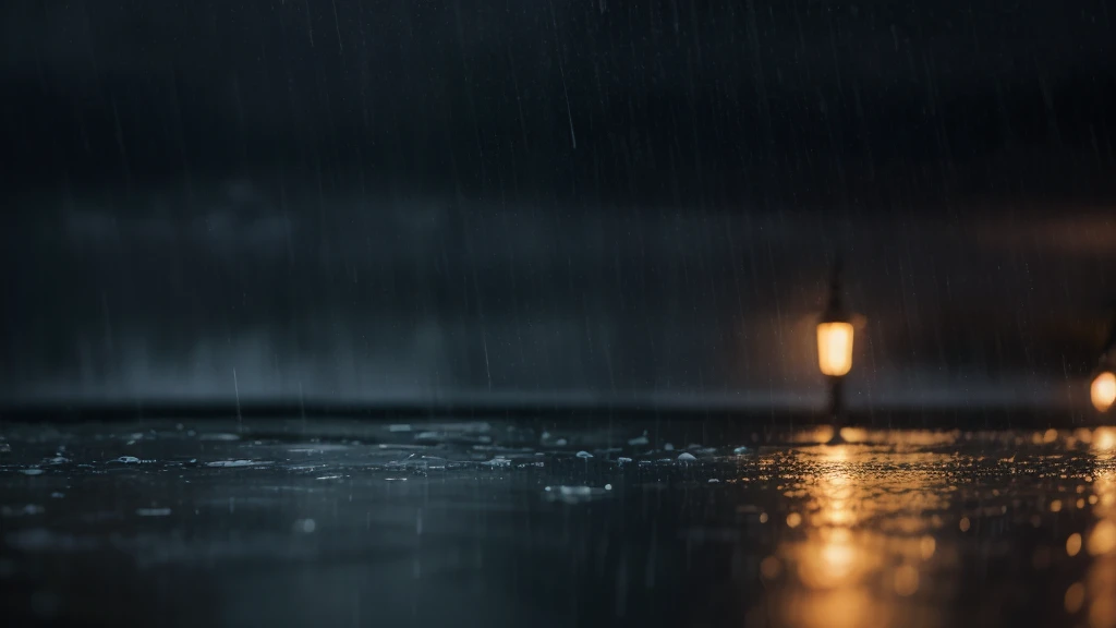 Create a close-up scene of rain falling at night. The image should capture the moment when the raindrops are mid-air, with a dark, cloudy night sky as the background. The rain droplets should be detailed, reflecting faint light from the city or a distant street lamp. The ambiance should feel cool and serene, with a slight blur to emphasize the motion of the falling rain. The overall mood should be calm and tranquil, highlighting the beauty and tranquility of a night rain shower