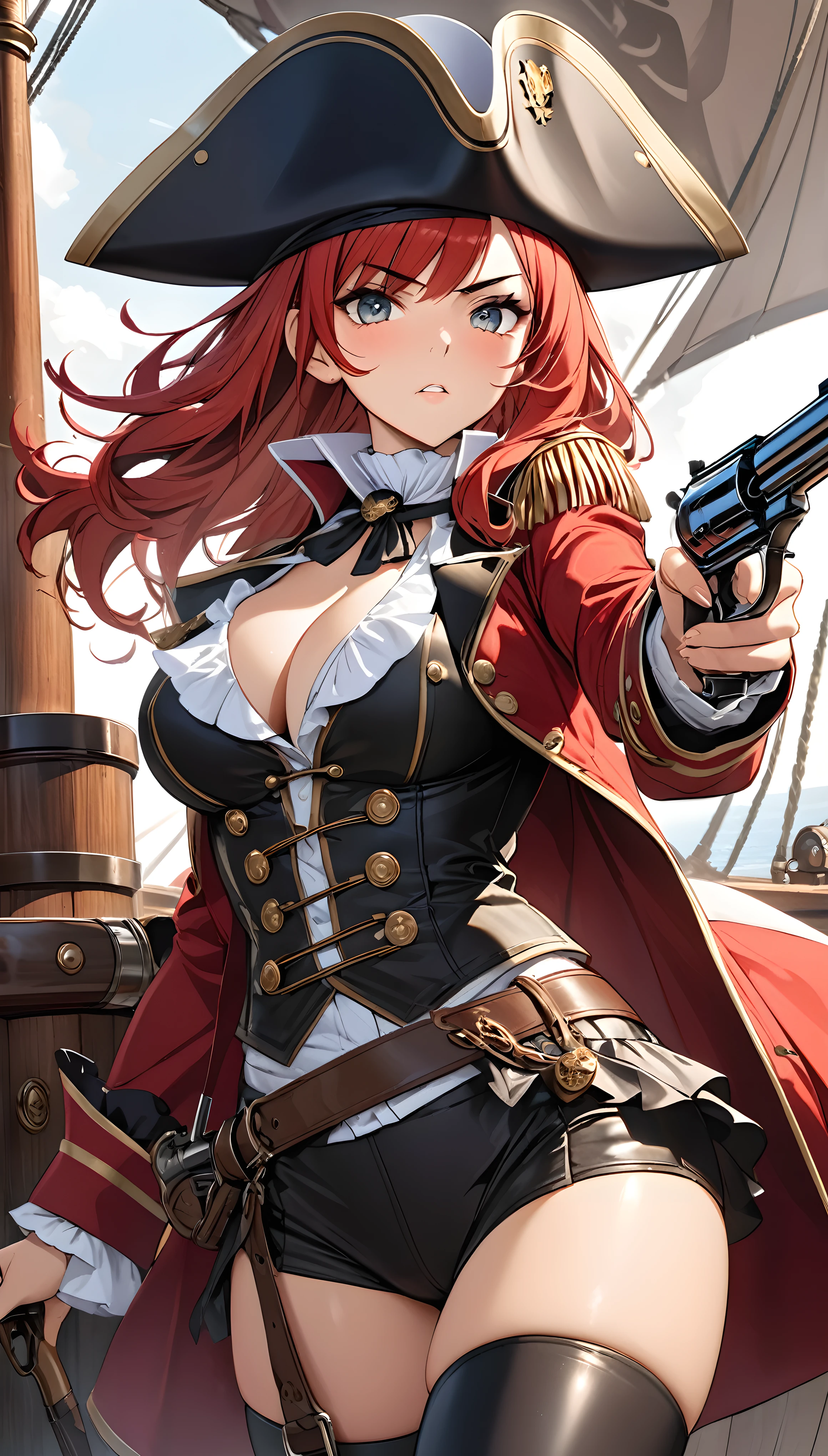 Antique Pirate Style, Female captain, BREAK Luxury Sailing Ship, A luxurious combat-focused pirate ship, Equipped with a long-range, highly destructive cannon, Ultra-high performance, Top quality wooden hull, BREAK The Red-haired Seductive Captain, Caribbean Admiral, Sexy captain outfit, Tight leather texture that accentuates the body line, Western style pirate costume, Retro high performance pistol, Antique Weapons, BREAK Detailed and elaborate, Absurd aesthetics, Ultra-realism using transparency, Delicate brushwork, Very fine lines, BREAK Detailed and attractive skin texture, Tanned and shiny skin, Alluring cleavage, Bouncy Body, Squeaky costume, A gaze that captures the viewer, BREAK: Seductive, clear eyes, Fine eyebrows, A strong and fleeting expression, BREAK dynamic shot, Adult sex appeal that seduces viewers, BREAK Transparent full color CG, Sense of presence, Love and tension, Serving Ecstasy, Point a gun at the viewer, Smoke from the gun barrel♡,