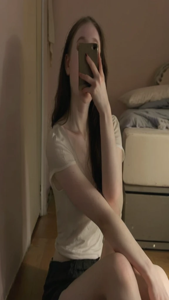 Woman sitting on the floor taking selfie in mirror, extremely pale, 1 8 Yes, extremely pale white skin, very Very low quality picture, 2 4--old ale model, leaked images, very pale, Low quality photosgraph, leaked photos, high quality photos, (12x) extremely pale white skin, Urzan, Very high quality