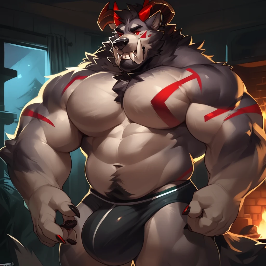 Solo, male (((giant, tall, wolf, werewolf, red eyes, grey body, Muscular, broad shoulders, hyper pecs, huge pecs, huge muscles, muscular arms, muscular thighs, abs, 6 pack, sharp teeth, black chest hair, black nose, tail, fangs, exposed teeth, clawed hands, clawed feet, big tusks, horns, big horns, body marking, red markings, black claws, scruffy cheeks, huge bulge))) forest, night, standing ((male focus, focus wolf, focus tusks, focus teeth)) rubbing stomach, detailed hands, detailed eyes, detailed face, detailed teeth, detailed tusks, detailed arms, detailed abs, detailed bulge, detailed snout, briefs, black briefs, big briefs, accurate tusk placement, perfect anatomy, by darkgem, by mystikfox61, by glitter trap boy