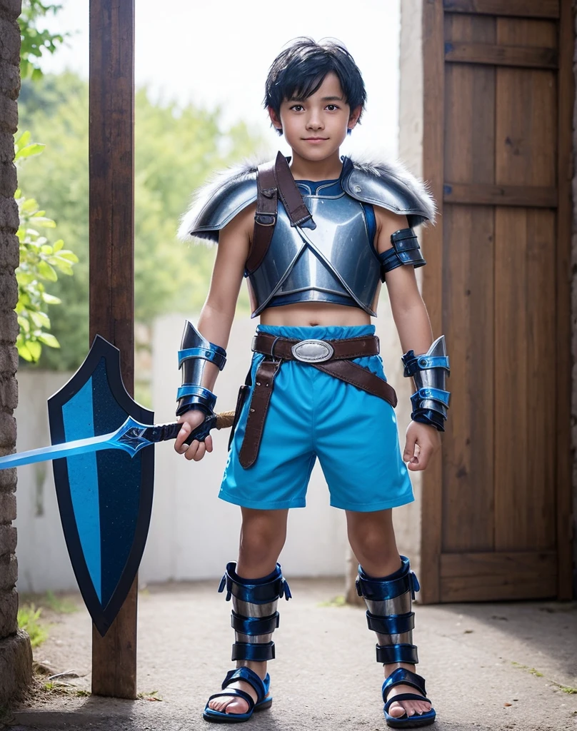 Young 13-year-old boy with black hair and brown eyes, innocent and happy, dressed in short neon-blue medieval barbarian clothes, fur shorts, light-blue battle armor, weilding silver sword and shield, sandals; fullbody; short hair, boyish athletic, sexy,