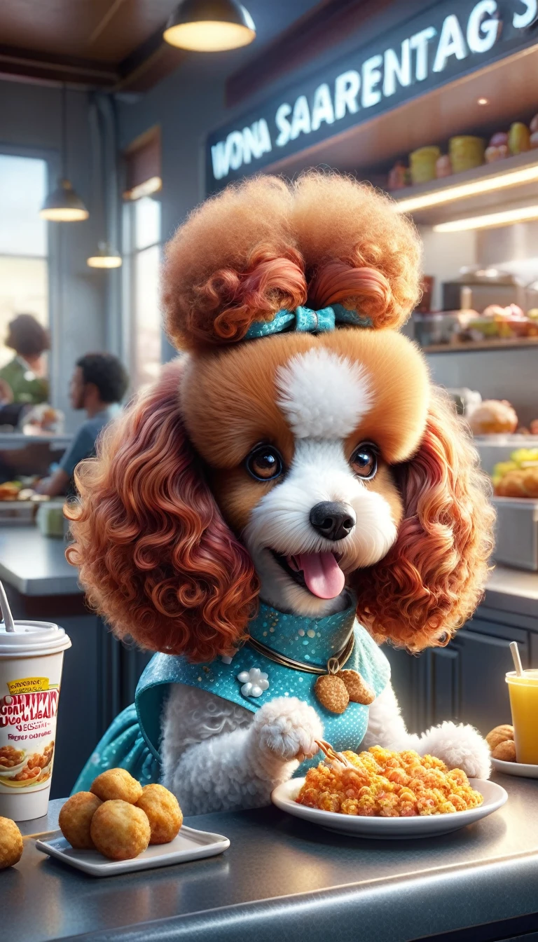 "A redhead poodle wearing a cute dress eating food at a counter, Photorealistic Lighting, Cartoon Poodle、Garfield, photorealistic screenshot, High-quality photorealism, Photorealistic Style, Surreal content, 4K Food Commercial, Snapchat Photos, Photorealistic Rendering, Hyperreal Rendering, Photorealistic images, Realistic 3D style, Photorealistic photography."