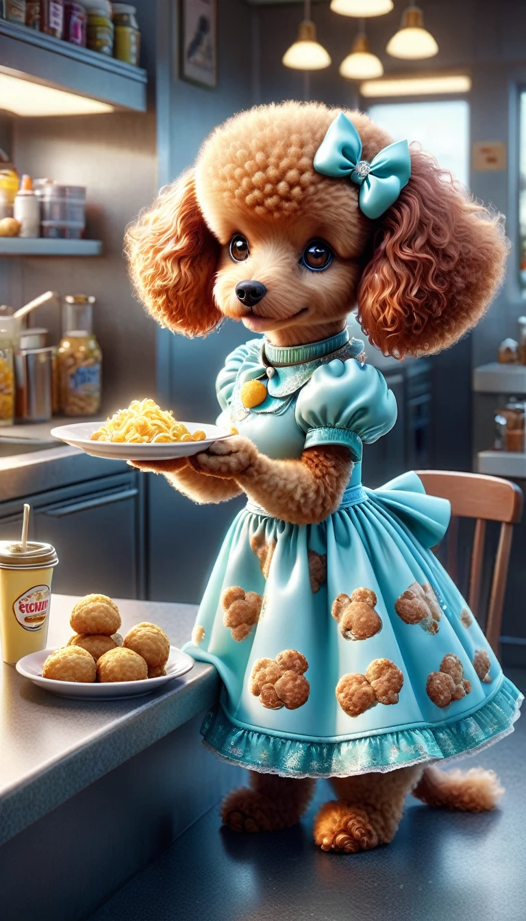 "A redhead poodle wearing a cute dress eating food at a counter, Photorealistic Lighting, Cartoon Poodle、Garfield, photorealistic screenshot, High-quality photorealism, Photorealistic Style, Surreal content, 4K Food Commercial, Snapchat Photos, Photorealistic Rendering, Hyperreal Rendering, Photorealistic images, Realistic 3D style, Photorealistic photography."