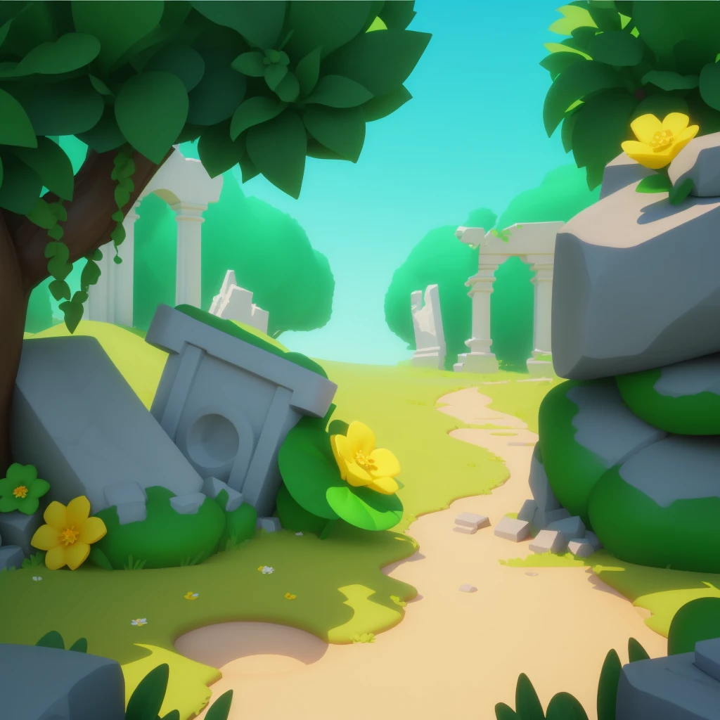 ruins,Grass,flower,European and American cartoon style,3d,梦幻flower园风格,high quality