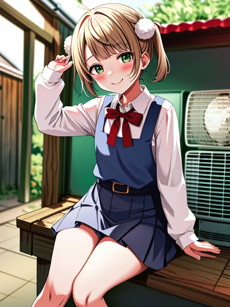 masterpiece, Highest quality, High resolution, ui3, 5age、Lori、Chibi、One girl, alone, Green Eyes, Pom-pom \(Clothes\), Apron dress, White shirt, White socks,Jumper skirt、 Long sleeve, Dilapidated, short hair, belt, Red bow tie, bangs, 青いClothes, Collared shirt, Cowboy Shot、orgasm,blush、Put a condom in your mouth、 Sweat、White panties、Pull up your skirt with your hands、Sit on top of an air conditioner outdoor unit、A defiant smile、