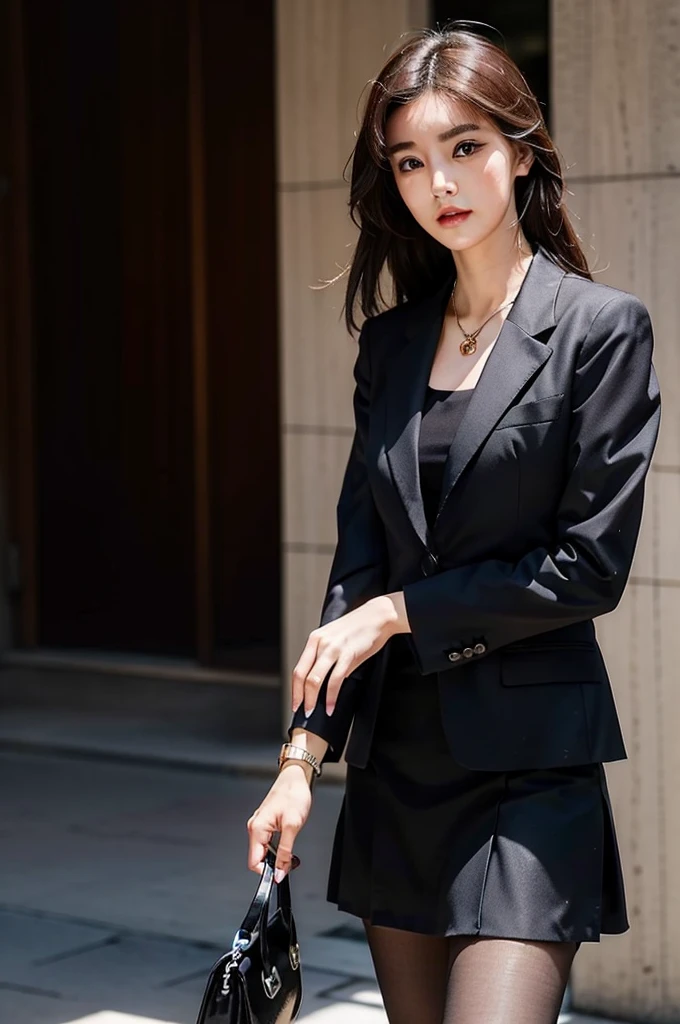 Urban beauty is generous、Fashionable image，Her serious face，Perfect nose，Perfect lips，Delicate face，She paired it with a slim-fit suit，Show her courage、The confident side。Her makeup is delicate，优雅的High heel和时尚的配饰完美衬托出她的气质，Wear a short skirt，Black tights，High heel，tall and big，Gorgeous necklace，compact watch