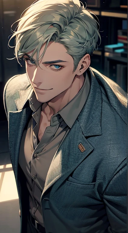 A mature man, very handsome, short grey green hair, blue eyes, detailed face, buttoning his jacket, CEO, smile in love, best quality, masterpiece, 8K, photorealistic, cinematic lighting, 1:4 hdr image, top view, ultra detailed, beautiful image