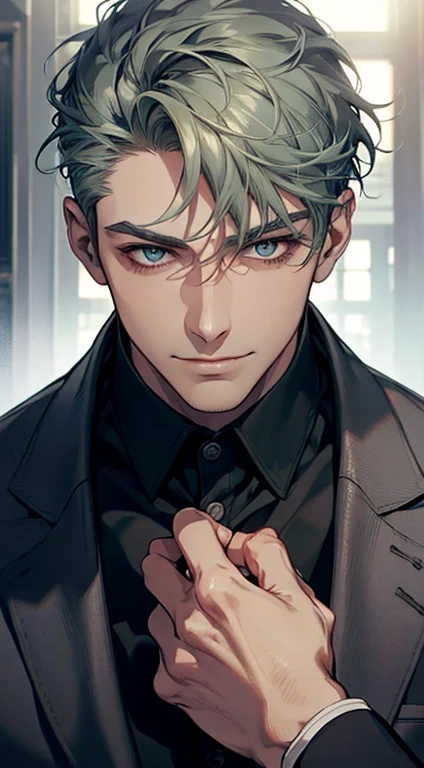 A mature man, very handsome, short grey green hair, blue eyes, detailed face, buttoning his jacket, CEO, smile in love, best quality, masterpiece, 8K, photorealistic, cinematic lighting, 1:4 hdr image, top view, ultra detailed, beautiful image