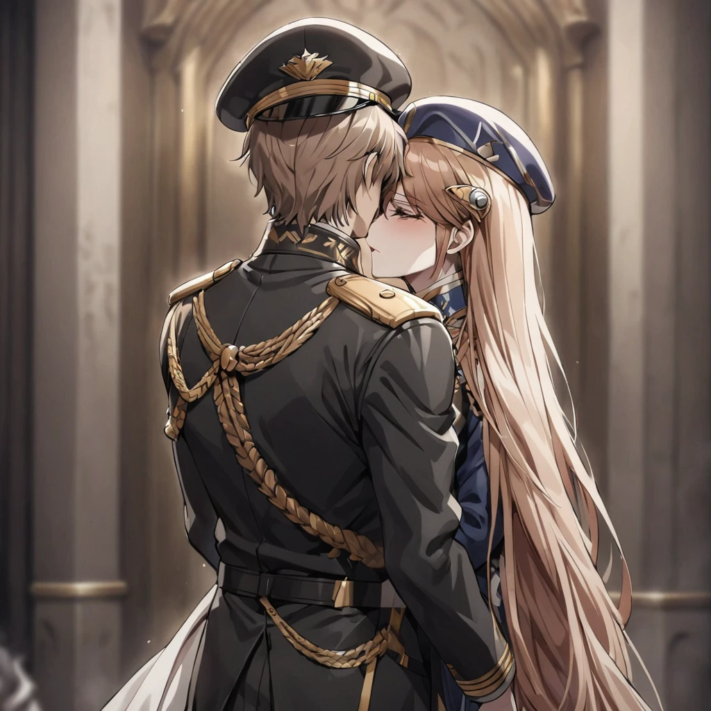((Highest quality)), ((masterpiece)), (detailed), (Perfect Face)、The woman is Princess Leona, with medium-long light brown hair, and is wearing a sexy black military uniform and cap for women. In a luxurious room, she is embraced by a strong, dignified, old, male general, who is a villain, and is embraced, kissed, and loved by the strong, dignified, old, male general as his lover.、Women are brainwashed, expressionless, and have no highlights in their eyes.