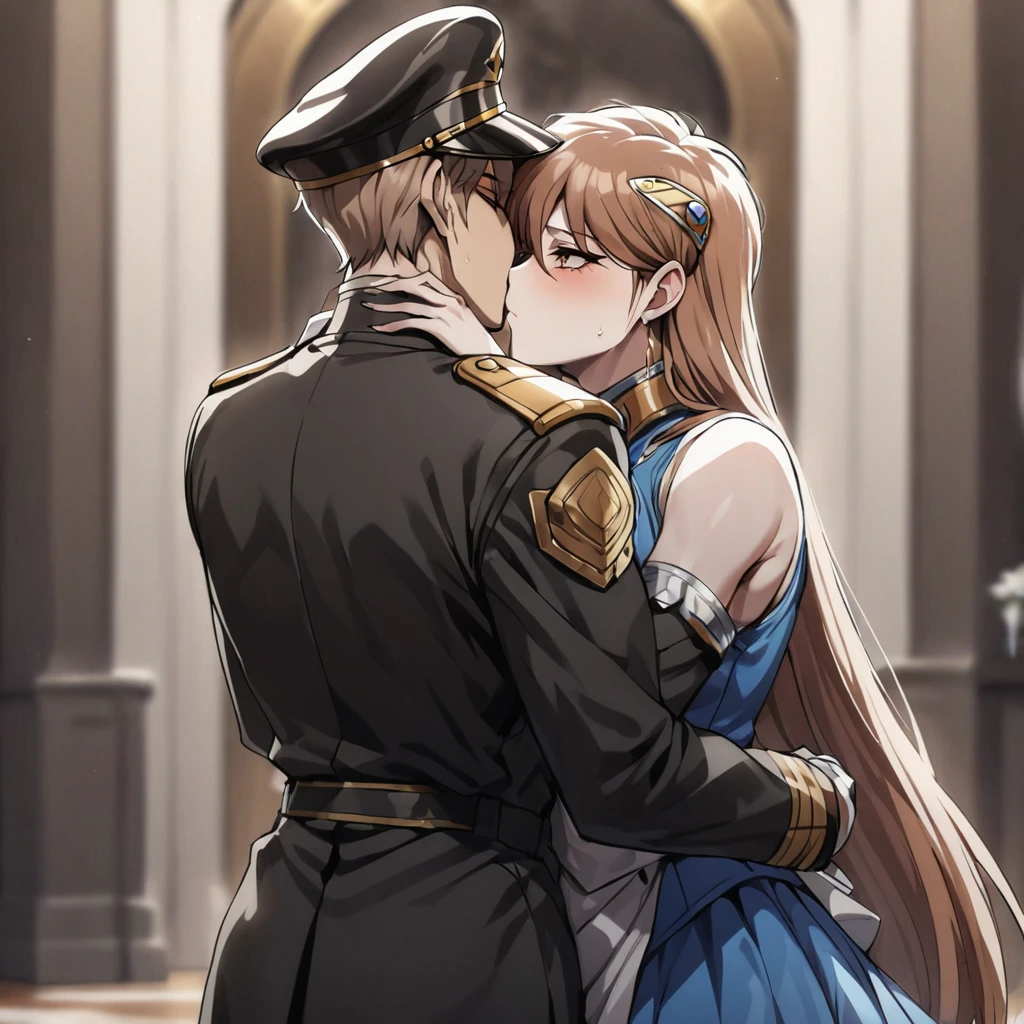 ((Highest quality)), ((masterpiece)), (detailed), (Perfect Face)、The woman is Princess Leona, with medium-long light brown hair, and is wearing a sexy black military uniform and cap for women. In a luxurious room, she is embraced by a strong, dignified, old, male general, who is a villain, and is embraced, kissed, and loved by the strong, dignified, old, male general as his lover.、Women are brainwashed, expressionless, and have no highlights in their eyes.