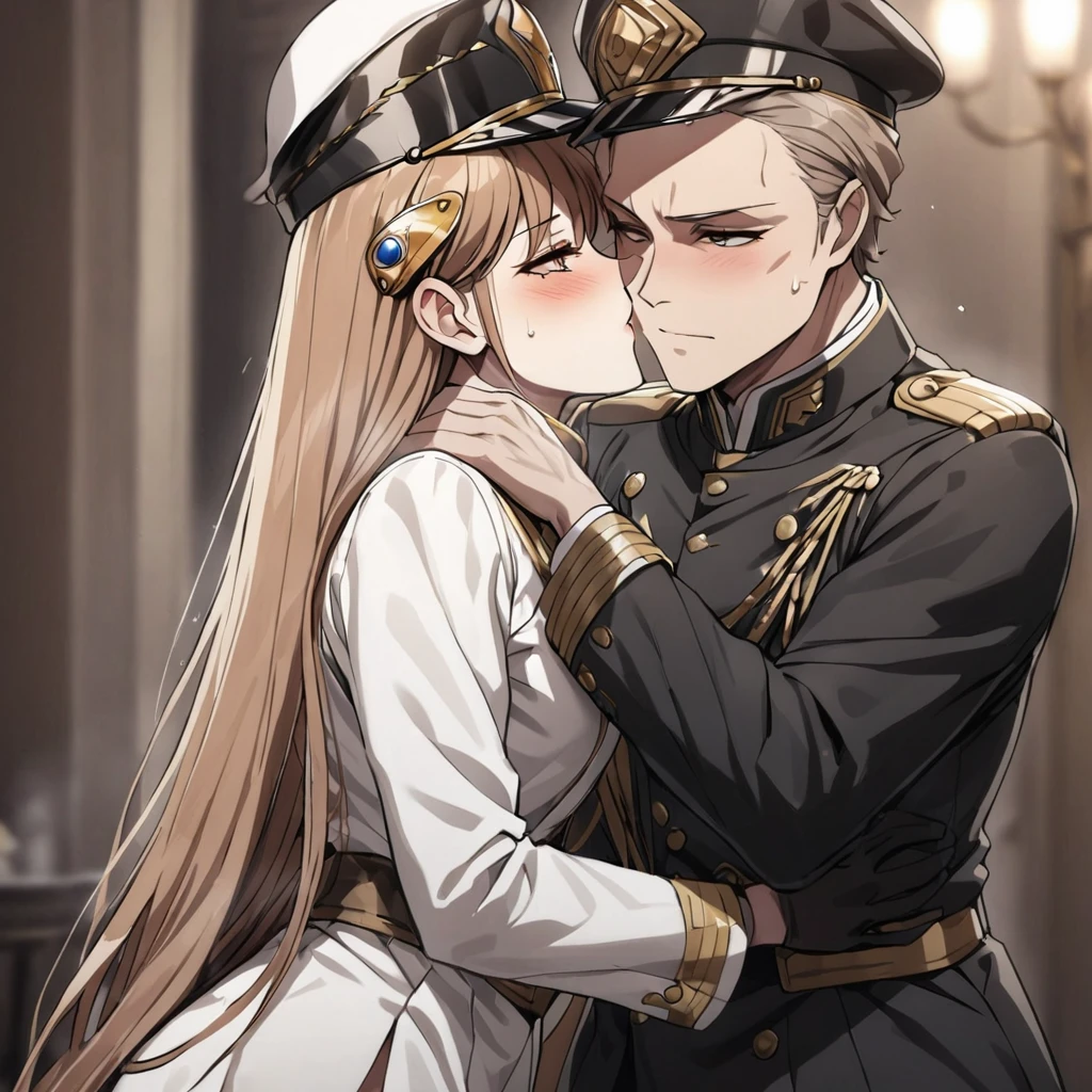 ((Highest quality)), ((masterpiece)), (detailed), (Perfect Face)、The woman is Princess Leona, a strong and dignified old man who is a villain, having sex with him and having his penis inserted into her pussy and ejaculated into. The woman has medium-long light brown hair and wears a sexy black military uniform and cap for women. In a luxurious room, she is embraced by the strong and dignified old man, and as his lover, she embraces and kisses the strong and dignified old man, and they make love and have sex on the bed.、The woman has medium-long hair, is brainwashed, has no expression, and has no highlights in her eyes.、The man and woman are naked from the waist down and a large amount of semen is overflowing from their pussies.