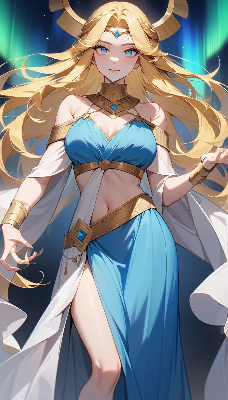 （Huang Li、high quality、Extremely detailed），Constellation-Sagittarius Goddess，Huge bow，Woman holding a bow，Similar to Latin goodness，brave，capricious，Productivity，The face of enterprising and humanitarianism，Long yellow hair，Ancient Greek costumes、Wrap Dress，Conservative clothing，The background is the aurora，Crystal blue eyes（Eyes Details），Powerful appearance, Correct anatomy
