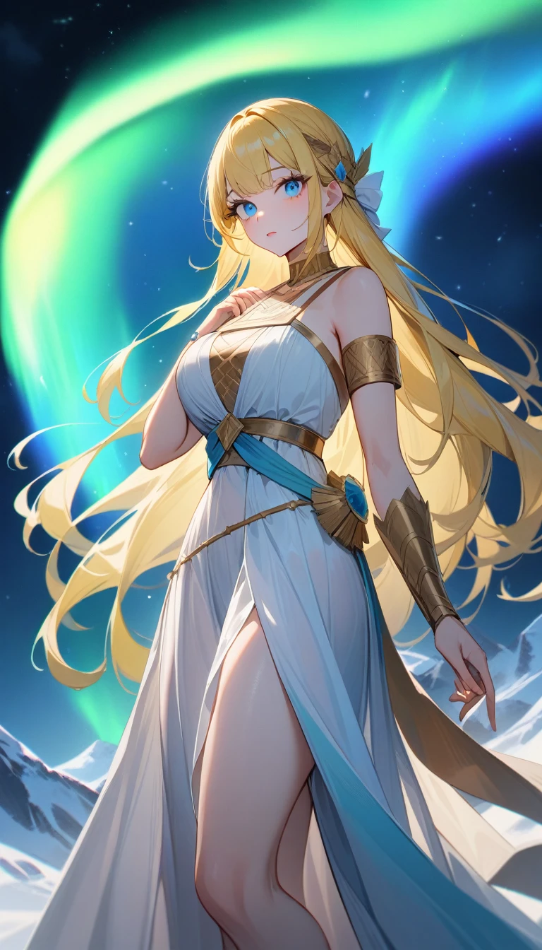 （Huang Li、high quality、Extremely detailed），Constellation-Sagittarius Goddess，Huge bow，Woman holding a bow，Similar to Latin goodness，brave，capricious，Productivity，The face of enterprising and humanitarianism，Long yellow hair，Ancient Greek costumes、Wrap Dress，Conservative clothing，The background is the aurora，Crystal blue eyes（Eyes Details），Powerful appearance, Correct anatomy