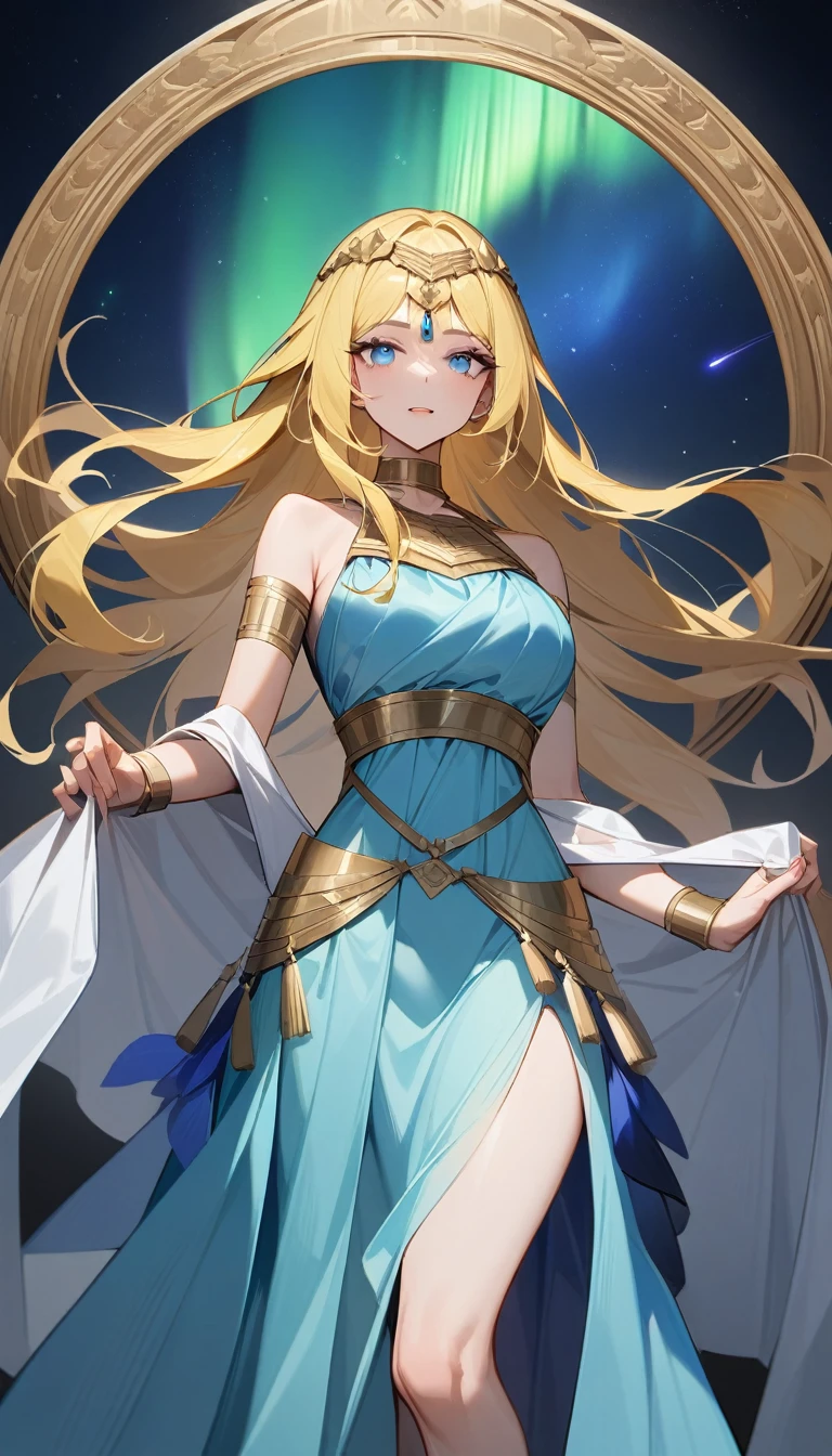 （Huang Li、high quality、Extremely detailed），Constellation-Sagittarius Goddess，Huge bow，Woman holding a bow，Similar to Latin goodness，brave，capricious，Productivity，The face of enterprising and humanitarianism，Long yellow hair，Ancient Greek costumes、Wrap Dress，Conservative clothing，The background is the aurora，Crystal blue eyes（Eyes Details），Powerful appearance, Correct anatomy