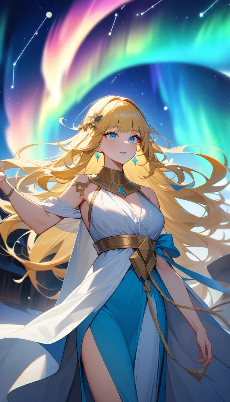 (Huang Li、high quality、Extremely detailed),Constellation-Sagittarius Goddess,Huge bow,Woman holding a bow,Similar to Latin goodness,brave,capricious,Productivity,The face of enterprising and humanitarianism,Long yellow hair,Ancient Greek costumes、Wrap Dress,Conservative clothing,The background is the aurora,Crystal blue eyes(Eyes Details),Powerful appearance, Correct anatomy
