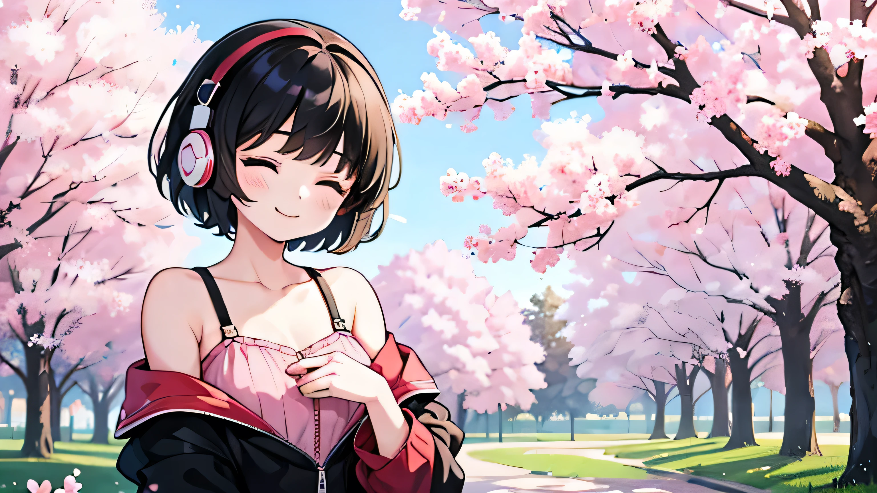 1girl, solo,  gentle smile on her face flat chest, short hair, black hair, upper body, ((masterpiece, illustration, best quality)) ((best quality)), ((masterpiece)), (detailed), perfect face, sitting under the cherry blossom tree, listening to music, One woman, wearing headphones, eyes closed,