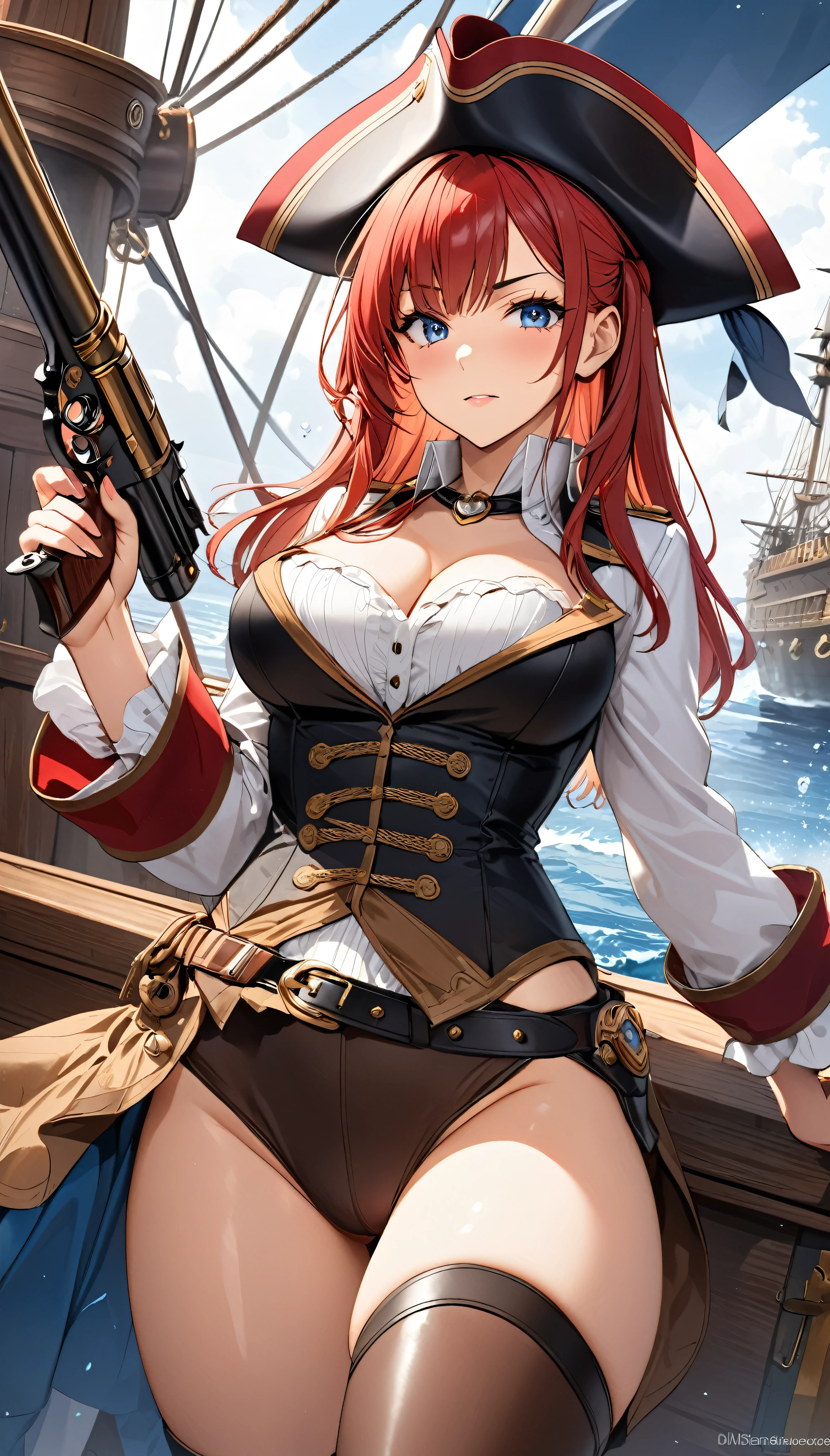 Antique Pirate Style, Female captain, BREAK Luxury Sailing Ship, A luxurious combat-focused pirate ship, Equipped with a long-range, highly destructive cannon, Ultra-high performance, Top quality wooden hull, BREAK The Red-haired Seductive Captain, Caribbean Admiral, Sexy captain outfit, Tight leather texture that accentuates the body line, Western style pirate costume, Retro high performance pistol, Antique Weapons, BREAK Detailed and elaborate, Absurd aesthetics, Ultra-realism using transparency, Delicate brushwork, Very fine lines, BREAK Detailed and attractive skin texture, Tanned and shiny skin, Alluring cleavage, Bouncy Body, Squeaky costume, A gaze that captures the viewer, BREAK: Seductive, clear eyes, Fine eyebrows, A strong and fleeting expression, BREAK dynamic shot, Adult sex appeal that seduces viewers, BREAK Transparent full color CG, Sense of presence, Love and tension, Serving Ecstasy, Point a gun at the viewer, Smoke from the gun barrel♡, 