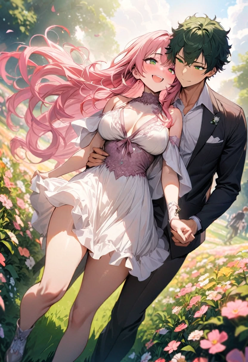 (couple), girl and boy, walking in a flower field, rich in detail, competitive, happy expression, love, wide angle, 1girl, (((masterpiece, best quality, aesthetic, heavenly))), ((girl with red eyes, vibrant pink long hair)), ((intimate)), 1boy, ((boy with green eyes, short black curly hair))