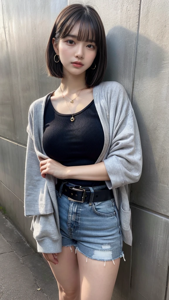 masterpiece, best quality, illustration, Super detailed, fine details, High resolution, 8K,wall paper, perfect dynamic composition, full body photo, back view, leaning forward, crossed arms, (Details High quality, realistic depiction of eyes:1.3), 20 year old girl, Gravure Idol, cute type, large breasts, short bob hair, black hair color, Korean style makeup, Big Natural Color Lip, thick thighs, perfect body shape, plump figure,large hips, champion gray sweatshirt, denim short pants, Leather belt, necklace, earrings