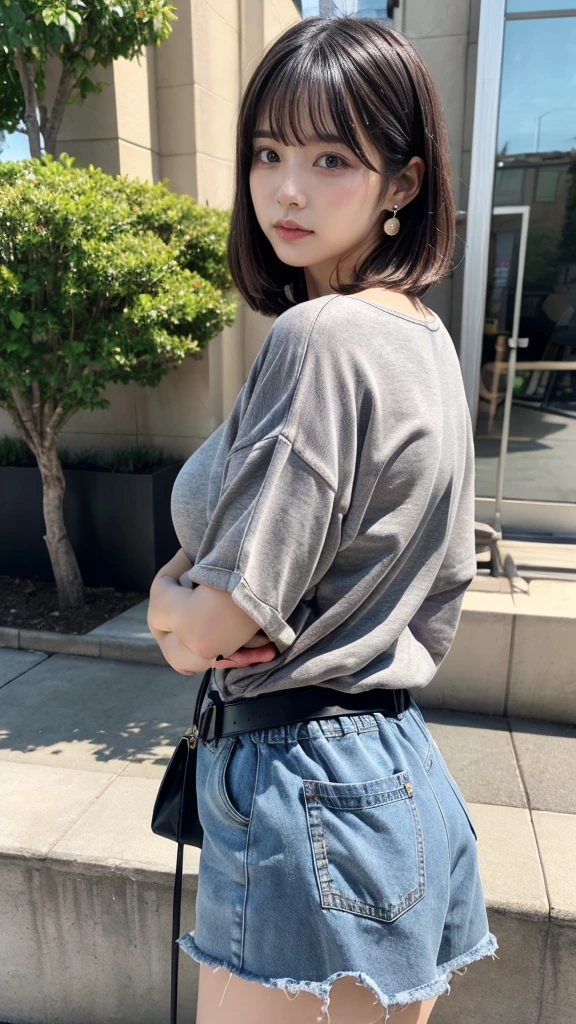 masterpiece, best quality, illustration, Super detailed, fine details, High resolution, 8K,wall paper, perfect dynamic composition, full body photo, back view, leaning forward, crossed arms, (Details High quality, realistic depiction of eyes:1.3), 20 year old girl, Gravure Idol, cute type, large breasts, short bob hair, black hair color, Korean style makeup, Big Natural Color Lip, thick thighs, perfect body shape, plump figure,large hips, champion gray sweatshirt, denim short pants, Leather belt, necklace, earrings
