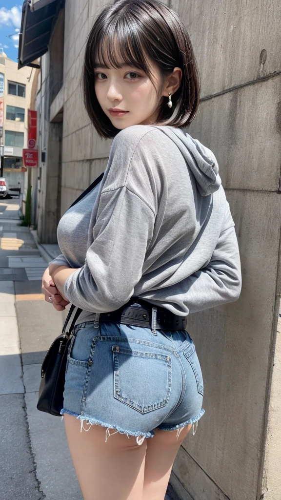 masterpiece, best quality, illustration, Super detailed, fine details, High resolution, 8K,wall paper, perfect dynamic composition, full body photo,  back view, leaning forward, crossed arms, (Details High quality, realistic depiction of eyes:1.3), 20 year old girl, Gravure Idol, cute type, large breasts, short bob hair, black hair color, Korean style makeup, Big Natural Color Lip, thick thighs, perfect body shape, plump figure,large hips,  champion gray sweatshirt, denim short pants, Leather belt, necklace, earrings