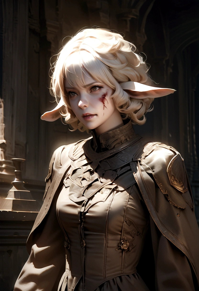 An albino woman with short curly hair, injured face, looking ahead with a fearful expression, bleeding nose, with two sheep-like ears, detailed facial features, photorrealistic, dark background, she seems to be protecting something, grinding your teeth, signs of aggression, high resolution, 8K, cinematic lighting, dramatic shadows, lifelike textures, gothic architecture, temperamental atmosphere, dark colours, dramatic contrast