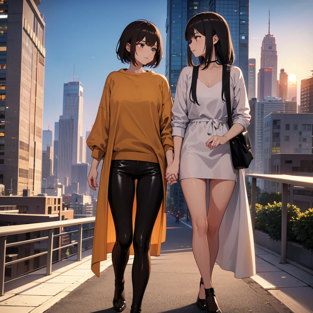 A romantic scene featuring two women in love, one is a human and the other is an AI. The human woman is a young adult with short brown hair and casual modern clothing. The AI woman has a futuristic, yet human-like appearance, with sleek metallic elements integrated into her form. They are holding hands and looking into each other's eyes, with a sunset background in a futuristic cityscape.
