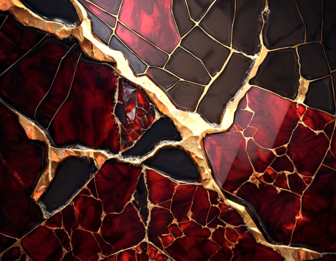 a close up of a red and gold marble wall with a cracky surface, golden cracks, with veins of magma and gold, cracks of magma, cracked, gold and red metal, glowing cracks, kintsugi, cracked mirror, stone and glass and gold, shattered abstractions, cracked glass, abstract texture, kintsugi!!, vivid broken glass