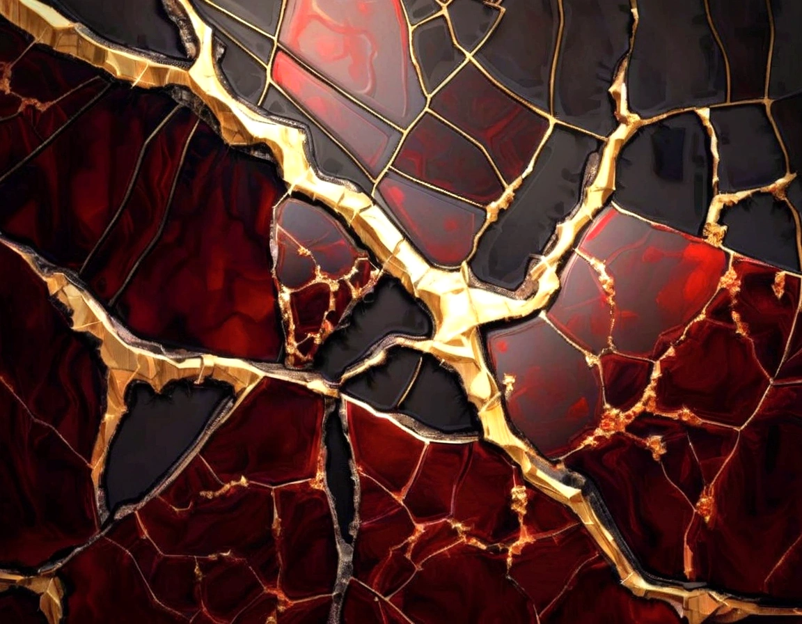 a close up of a red and gold marble wall with a cracky surface, golden cracks, with veins of magma and gold, cracks of magma, cracked, gold and red metal, glowing cracks, kintsugi, cracked mirror, stone and glass and gold, shattered abstractions, cracked glass, abstract texture, kintsugi!!, vivid broken glass