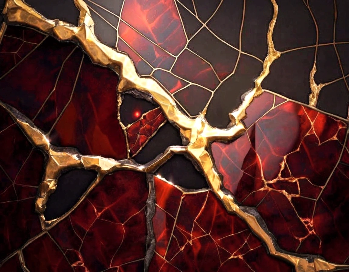 a close up of a red and gold marble wall with a cracky surface, golden cracks, with veins of magma and gold, cracks of magma, cracked, gold and red metal, glowing cracks, kintsugi, cracked mirror, stone and glass and gold, shattered abstractions, cracked glass, abstract texture, kintsugi!!, vivid broken glass