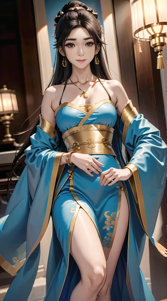 gufeng,bare shoulders, ((whole body)), ((from below)), ((gufeng,bare shoulders)), clear face, pretty face, 8K, masterpiece, original photo, best quality, detail:1.2,lifelike, detail, Very detailed, CG, Unite, wallpaper, depth of field, movie light, lens flare, Ray tracing, (extremely beautiful face, beautiful lips, beautiful eyes), complex, detail face, ((ultra detailed skin)), 1 girl, in the darkness, deep shadow, beautiful korean girl, kpop idol,(Very slim figure:1.3), plump breasts, Slender sexy legs, elegant posture, (bright smile), (City night, (neon lights), (night), beautiful korean girl, white diamond earrings, diameter bracelet, Dia Necklace, clear eyes, facing forward, (big eyes)