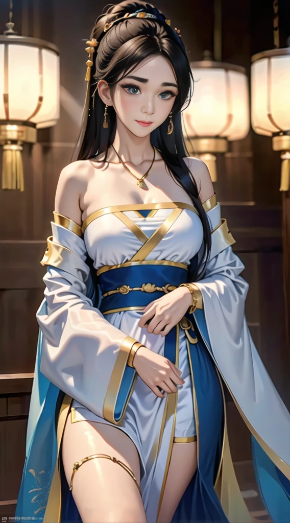 gufeng,bare shoulders, ((whole body)), ((from below)), ((gufeng,bare shoulders)), clear face, pretty face, 8K, masterpiece, original photo, best quality, detail:1.2,lifelike, detail, Very detailed, CG, Unite, wallpaper, depth of field, movie light, lens flare, Ray tracing, (extremely beautiful face, beautiful lips, beautiful eyes), complex, detail face, ((ultra detailed skin)), 1 girl, in the darkness, deep shadow, beautiful korean girl, kpop idol,(Very slim figure:1.3), plump breasts, Slender sexy legs, elegant posture, (bright smile), (City night, (neon lights), (night), beautiful korean girl, white diamond earrings, diameter bracelet, Dia Necklace, clear eyes, facing forward, (big eyes)