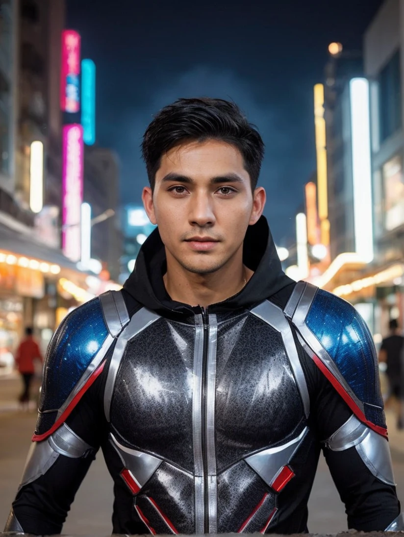 A handsome man with short hair,black, wearing a superhero costume is standing in the middle of the city