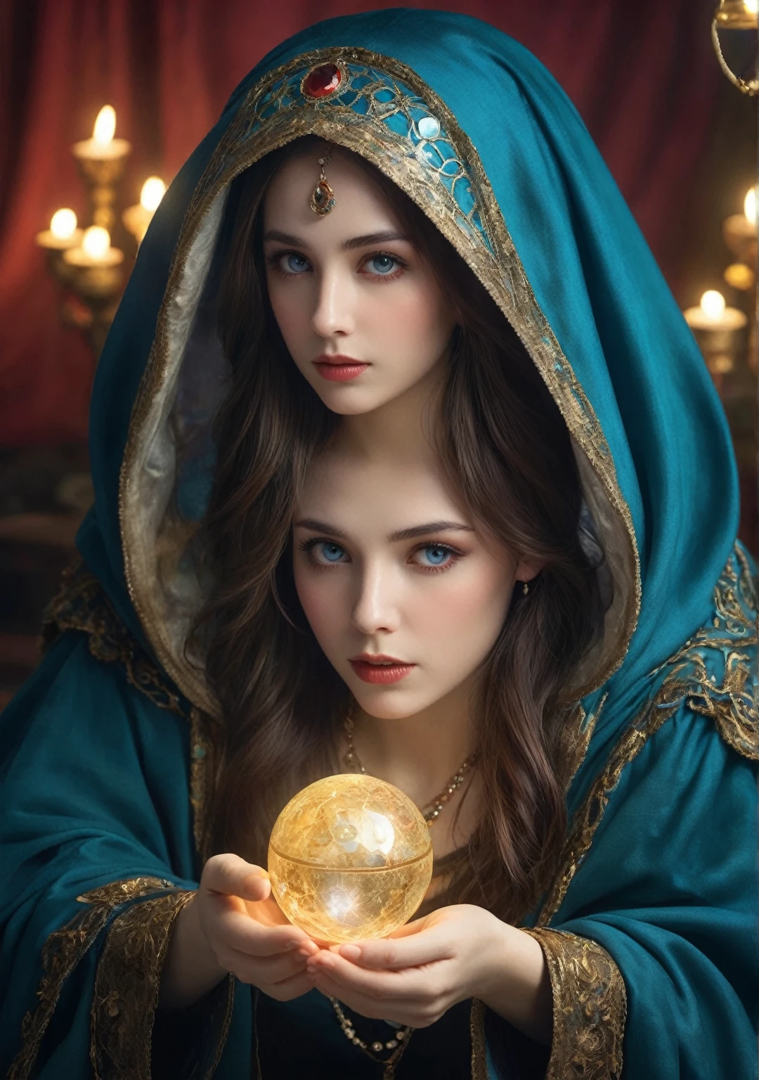 Female fortune teller. Body and face orientation: frontal. Charming, beautiful and mysterious. She wears a blue cloak and has a clear face. Bright and glittering, full of anxiety and anticipation. The fortune teller is standing. He holds a large crystal ball in both hands. The lighting in the room is bright, creating a fantastic atmosphere. Highest picture quality, 4K or 8K resolution. Level of detail is very fine and photorealistic. Artistic style should reflect a formal aesthetic with bright colors and strong contrasts. The color palette should emphasize the mysterious and mystical theme of the work. The fortune teller's cloak is decorated with metal borders and intricate designs, with a thickness ratio of 1.5 The overall atmosphere is lovely and fantastic; the design is a combination of a strong sense of mystery and a sense of the divine, with a strong emphasis on the mystical and the mystical. The overall atmosphere is lovely and fantastic; the fortune teller's expression should evoke mystical interest.