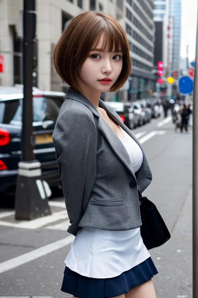 a 18 year old face of the most beautiful actress in the world, the perfect body proportions of a female, tight blazer is worn with formal shirt on female upper body, female crotch in panties between bare legs are seen a little thanks to skirt is too short, the short hair cut for a female, standing, at the city street, nsfw, best quality, highly detailed, masterpiece, ultra high res, photo realistic, 8k